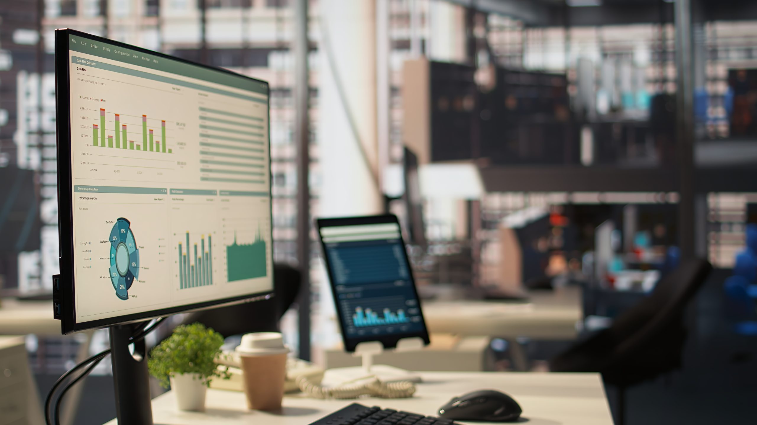 Empty high end office workspace with advanced technology to enhance efficiency